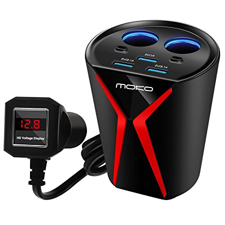 MoKo Car Charger, Cup Power Adapter with 3 USB 3.1A Ports   2 Sockets Cigarette Lighter   Battery Voltage Monitoring for iPhone X / 8 / 8 Plus, Samsung Galaxy S8, Smartphone, Tablet and More, Black