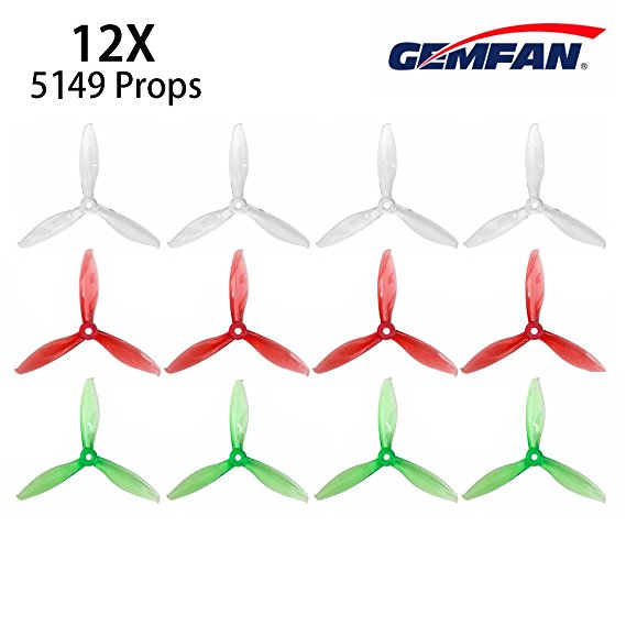 Crazepony 12pcs Gemfan 5149 3-Blade Propellers (POPO) 5 inch Flash Props CW CCW, Match for 2205 2206 2306 Brushless Motor for 200 210 230 250 FPV Drone Racing Quadcopter Frame Kit (Clear Red Green)