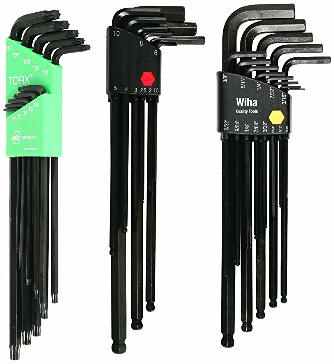 WIHA 36696    Torx and Hex L-Key Set with 32 L-Keys, 3 Holders, Ball Hex .050-Inch - 3/8-Inch, Ball Hex 1.5-10.0mm and Torx T6-T30, 32-Piece, 3-Pack