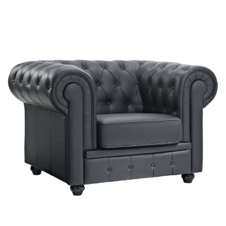 Classic Scroll Arm Tufted Bonded Leather Accent Chair in Colors Black, White (Black)