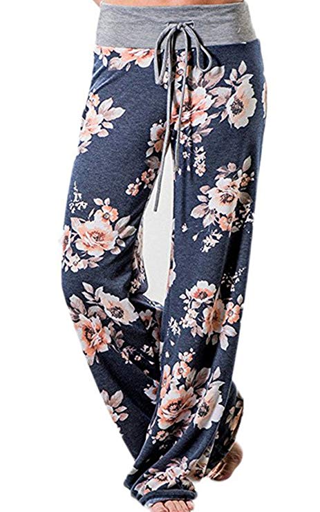 Angashion Women's High Waist Casual Floral Print Drawstring Wide Leg Pants