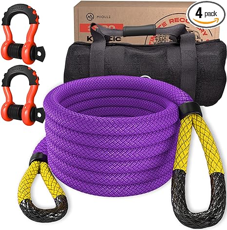 Kinetic Recovery Tow Rope (19,200lbs), with 2 D Ring Shackles (41,800lbs), Tow Rope for Truck Heavy Duty, Offroad Recovery Kit for 4WD Pick Up Truck, SUV, ATV, UTV (Black) (Purple-Yellow, 3/4x20)