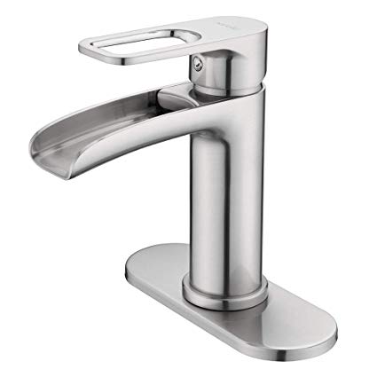 NEWATER Waterfall Spout Bathroom Sink Faucet Basin Mixer Tap Single Handle Brushed Nickel