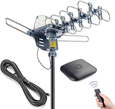 PBD Outdoor Digital HD TV Antenna 150 Miles Motorized 360 Degree Rotation with 60FT RG6 Coax Cable - UHF/VHF / 1080P / 4K Snap-On Installation