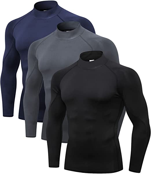 Odoland Mens 3 Pack Long Sleeve Compression Shirts, Athletic Mock Turtleneck Shirts, Active Workout Cool Dry Base Layer Top