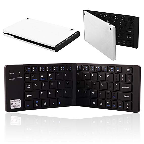 Hoidokly Wireless Bluetooth Keyboard with Cell Phone Stand (Rechargeable, Foldable, Ultra-Slim) - Silver