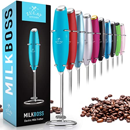 Zulay Original Milk Frother Handheld Foam Maker for Lattes - Whisk Drink Mixer for Bulletproof Coffee, Mini Foamer for Cappuccino, Frappe, Matcha, Hot Chocolate by Milk Boss (Sky Blue)