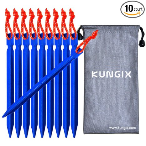 Kungix Tent Stakes Pegs 7” Aluminium Alloy with Reflective Rope 10-Piece