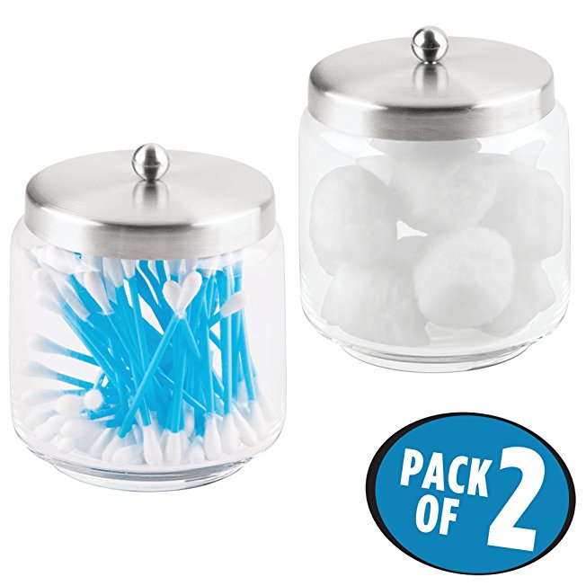 mDesign Bathroom Vanity Glass Storage Organizer Canister Jars for Q tips, Cotton Swabs, Cotton Rounds, Cotton Balls, Makeup Sponges, Bath Salts - Pack of 2, Medium, Clear/Brushed Stainless Steel