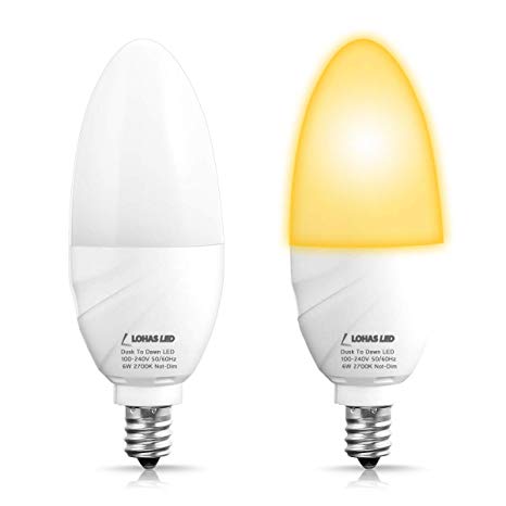 LOHAS Dusk to Dawn Candelabra LED Bulb, Sensor Light E12 LED, 60W Equivalent Smart Sensor Light Bulbs, Warm White 2700K Porch Lights Auto ON/OFF, Security Lighting Not Dimmable Candle(2 Pack)