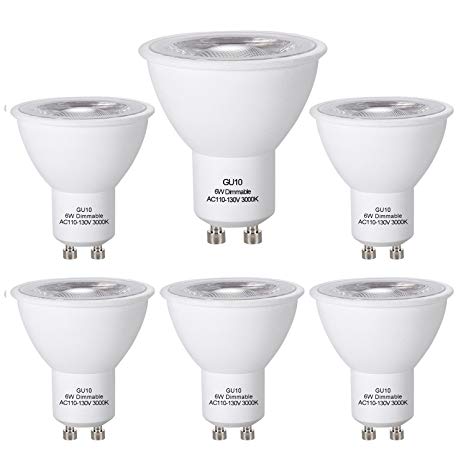 GU10 COB LED Light Bulbs 6W Dimmable 50W Halogen Lamp Equivalent 38 Degree Spot Light Bulb 510LM 3000K Warm White, AC 110V-130V, Pack of 6, KLGlamp