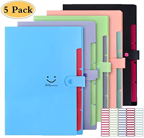 5 Pack Expanding File Folders Accordion Document Organizer, Letter A4 Paper Placstic File Folder 5 Pocket Expandable File Jackets for School Office Home