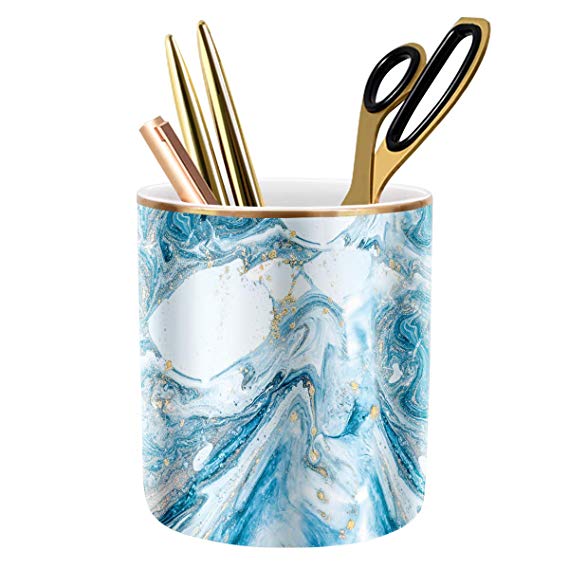 WAVEYU Pen Pencil Holder for Desk, Marble Desk Decor Organizer, Durable Ceramic Pencil Cup Holder Marble Design Makeup Cups for Brushes Ideal Gift for Office, Classroom, Blue