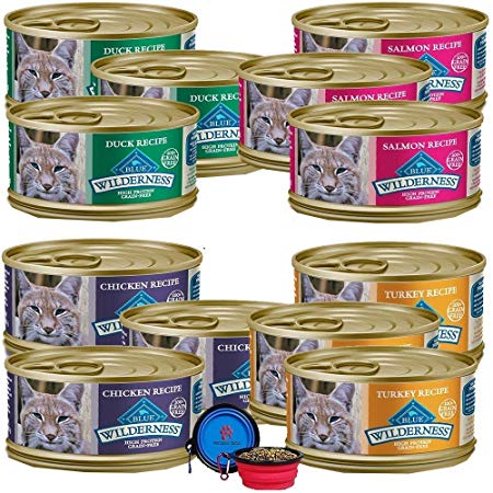 Blue Buffalo Wilderness Cat Food Variety Bundle - Grain Free Gourmet Pate 4 Flavors - 12 Pack (Chicken,Turkey,Duck & Salmon) (36 Ounce Total) W/Hotspot Pets Travel Bowl