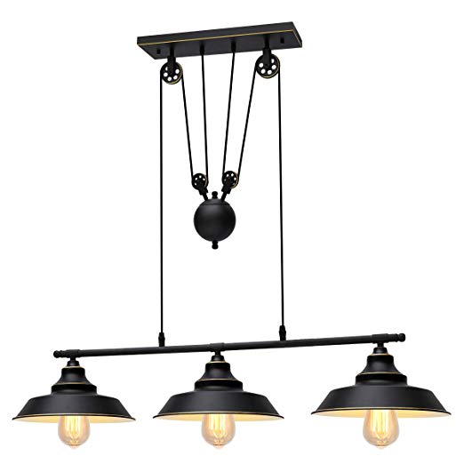KingSo Three-Light Pulley Pendant Light, Kitchen Island Light Adjustable Industrial Rustic Chandelier Farmhouse Vintage Ceiling Lights Fixture for Kitchen Island Dining Room Foyer
