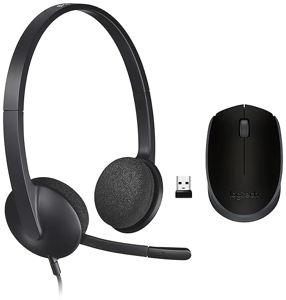 Logitech H340 Stereo Wired On Ear Headphones with mic USB, PC/Mac/Laptop - Black & B170 Wireless Mouse, 2.4 GHz with USB Nano Receiver, Optical Tracking, 12-Months Battery Life - Black