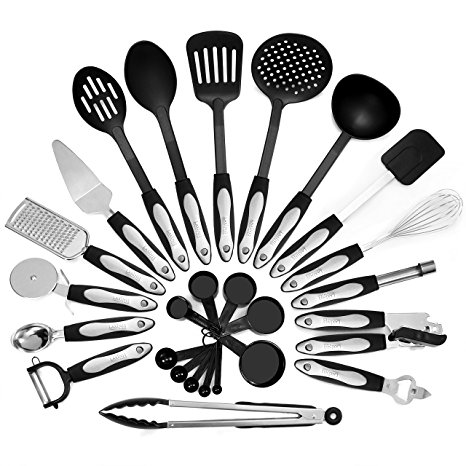 26 Piece Kitchen Utensils Set & Cooking Tools, Stainless Steel & Nylon Gadgets, Includes Turner, Tong, Spatula, Pie Server, Pizza Cutter, Whisk, Grater, Peeler, Can Opener, Measuring Cups & Spoons