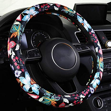 SHAKAR Jacquard Flowers Steering Wheel Covers, Floral Steering Covers for Women,Universal 15.2 inch (Red)