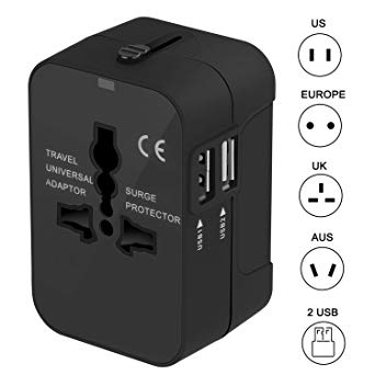 Travel Adapter, Universal Travel Plug Adapter International All-in-one Power Plug Adapter AC Wall Outlet Charger with Dual USB Charging Ports for US EU UK AUS Asia Covers 150  Countries (Black)