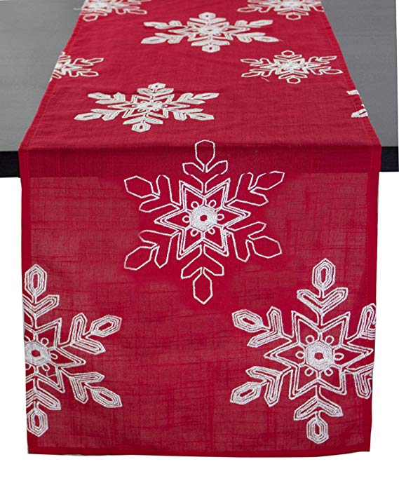 Fennco Styles Embroidered White Snowflake Holiday Christmas Red Tablecloth (16"x108" Table Runner)