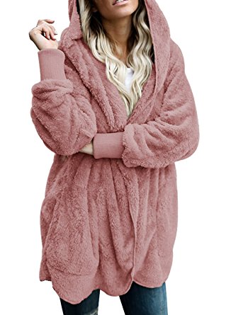 Dokotoo Womens Fuzzy Open Front Hooded Cardigan Jacket Coat Outwear With Pocket