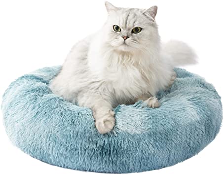 Love's cabin 24in Cat Beds for Indoor Cats - Cat Bed with Machine Washable, Waterproof Bottom - Light Blue Fluffy Dog and Cat Calming Cushion Bed for Joint-Relief and Sleep Improvement