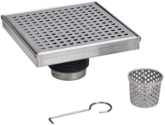 Oatey Designline 6" x 6" Square Shower Drain, DIY Stainless Steel Square Shower Floor Drain with Adjustable Leveling Feet and Hair Catcher - 304 Grade Stainless Steel