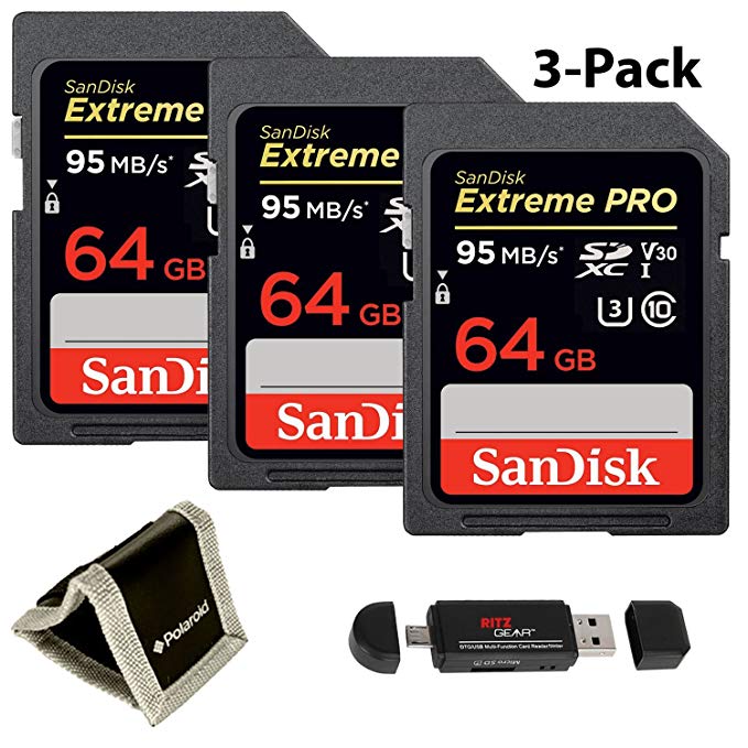SanDisk Extreme Pro 64GB SDXC UHS-I Card 95MB/s, Ritz Gear Card Reader, and Card Wallet Bundle - 3 Pack