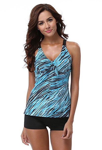 Attraco Women's Retro Oceanic Stripes Tie Front Two Piece Swimsuit Tankini