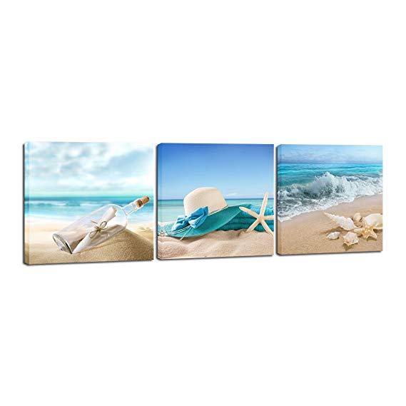 Pyradecor 3 Piece Starfish Seashell Bottle Beach Pictures Paintings on Canvas Prints Wall Art Work for Living Room Home Office Decorations Large Modern Gallery Wrapped Seascape Seaview Giclee Artwork