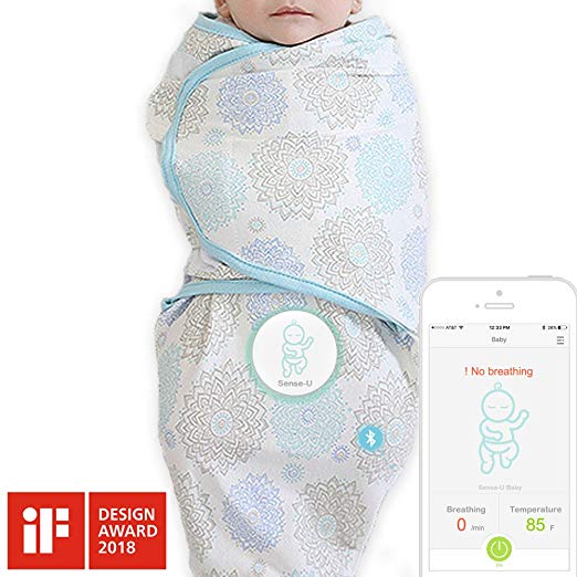 Sense-U SMART Swaddle Blanket with Integrated Breathing Movement Monitor that Alerts You for No Breathing, Stomach Sleeping, Overheating and Getting Cold with Audible Alarm from your Smartphone(Large)