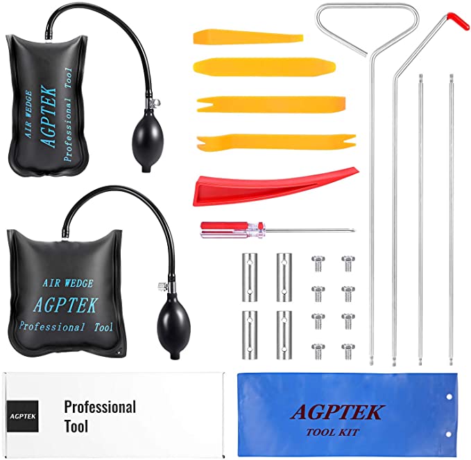 AGPTEK Professional Emergency Cars Tool Kit with Long Reach Grabber, Air Wedge, Non-marring Wedges and Tool Bag