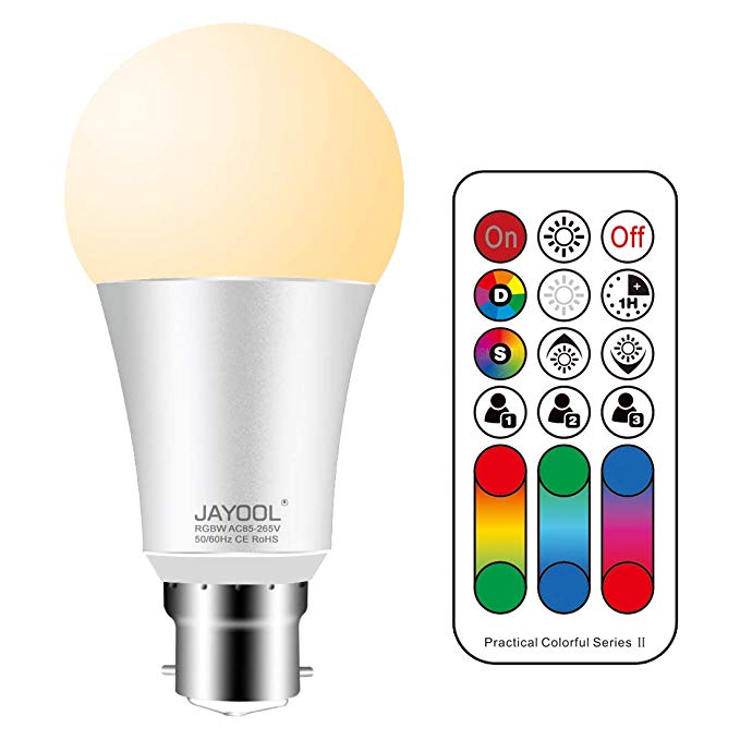 Jayool B22 Colour Changing Light Bulb with Remote Control, Dimmable RGB LED Light Bulbs 10W Bayonet, 120 Colours  Warm White-4th Generation (1 Pack)