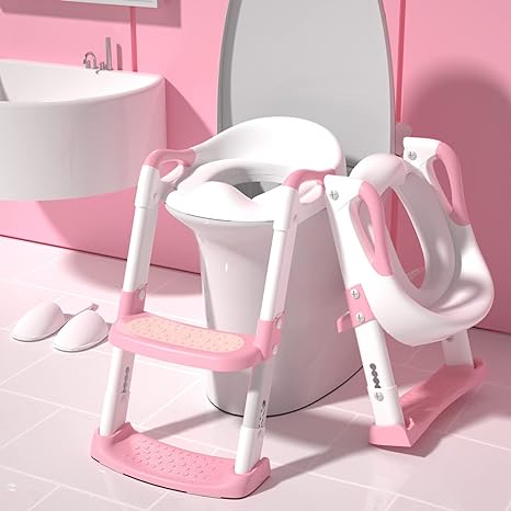 GLAF Potty Training Toilet Seat for Toddler Potty Chair with Step Stools Ladder for Boys Girls 2 in 1 Adjustable Kids Potty Seat with Anti-Slip Pads Comfortable Cushion (Pink)