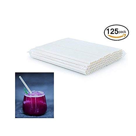 Earth Buddy 125 PCS Biodegradable White Paper Straw. Eco Friendly Drinking Straw for Juice, Smoothie, Fruit Drinks, Shakes that will last at least 24 hrs of use (White Paper Straw, 125)