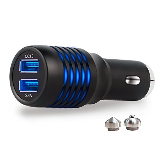 Car Charger with Dual USB Port and Safety Hammer Mini Quick Charge QC3.0 Output Adapter for Ipad/Iphone 7/7Plus/6/6Plus/Samsung/Sony/Huawei /HTC/LG/ IOS Android Phones and Tablet (QC3.0)