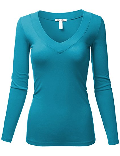 Luna Flower Women's Sexy Fitted Deep V-neck Long Sleeve Fashion Tee Tops