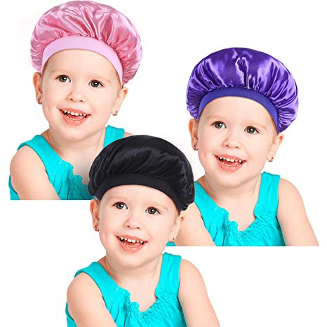 3 Pieces Kids Satin Bonnets Night Sleep Caps Wide Band Sleeping Hats for Kids Toddler Children Baby (Pink, Dark Purple, Black)