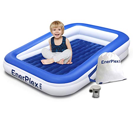 EnerPlex Kids Inflatable Toddler Travel Bed with High Speed Pump, Portable Air Mattress for Kids, Blow up Mattress with Sides – Built-in Safety Bumper - Blue 2-Year Warranty