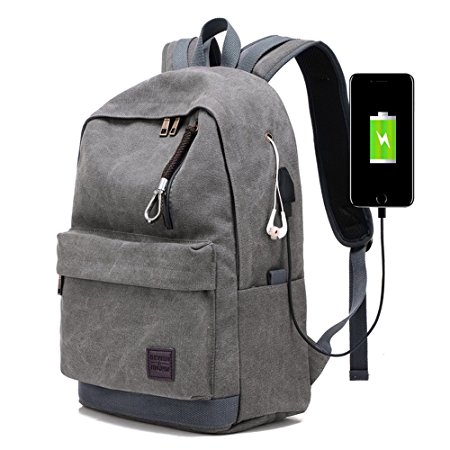 Vintage Canvas Backpack – Lightweight Canvas Backpack with USB Charging Port, Travel Daypack with Laptop Sleeve, Student backpack with Side Pockets Canvas Rucksack for Daily Use Hiking Camping（Grey）