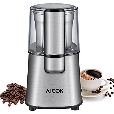 Aicok Coffee Grinder Electric 200W, Stainless Steel Blades with Detachable Bowl, Coffee Bean, Spice, Nuts and Seeds Grinder, 65g Capacity, Silver