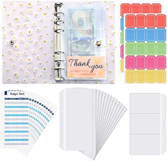 28 Pieces A6 Binder PVC Notebook Cover, Binder Budget Envelopes System Budget Planner Organizer, Waterproof 6-Ring Binder Cover with Binder Pockets, Budget Sheets, Card Bag and Labels (Flowers)