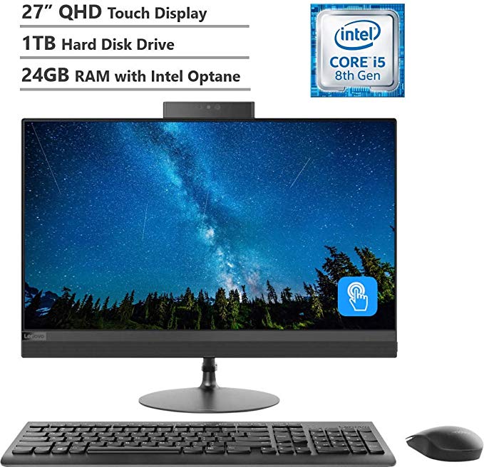 2019 Lenovo IdeaCentre 520 27" Touch Display QHD(2560x1440) AIO Desktop Computer, Intel Hexa-Core i5-8400T, 24GB Memory:16GB Intel Optane   8GB RAM, 1TB Hard Drive, DVDRW, Wireless-AC,HDMI, Windows 10