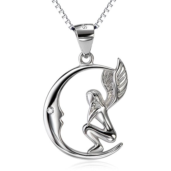 925 Sterling Silver Fairy with Angel Wings Face to Moon Pendant Necklace For Women,18"