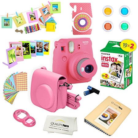 Fujifilm Instax Mini 9 Instant Camera – FLAMINGO PINK   Fuji INSTAX Film (20 Exposures)   Multifarious Instax Accessory Kit BUNDLE Includes; Case/Strap & Album   Fun Frames/Stickers/Lenses   MORE