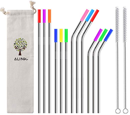 ALINK 12-Pack Stainless Steel Metal Straws with Silicone Tips, Long Reusable Drinking Straws for 20oz/ 30oz Yeti/Rtic Tumblers, Starbucks, Tervis with 2 Cleaning Brush and Carrying Case