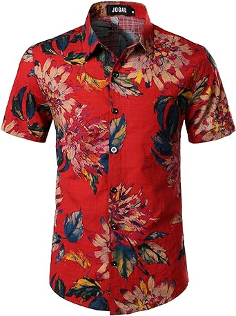 JOGAL Men's Flower Casual Button Down Short Sleeve Hawaiian Shirt