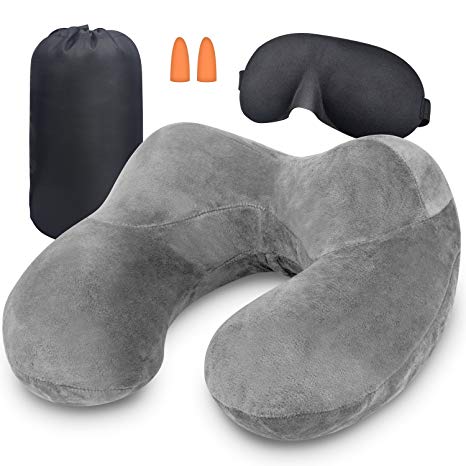 SPAHER Inflatable Travel Pillow Neck Pillow Washable Foldable Neck Head Rest Airplane Flight Train U Pillow Cushions Travelling Accessories Travellers Gift with Eye Mask and Storage Pouch Grey