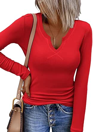 Zeagoo Womens Long Sleeve Shirts V-Neck Slim Fitted Knit Top Stretch Ribbed Basic Tee Casual Y2k Going Out T-Shirt