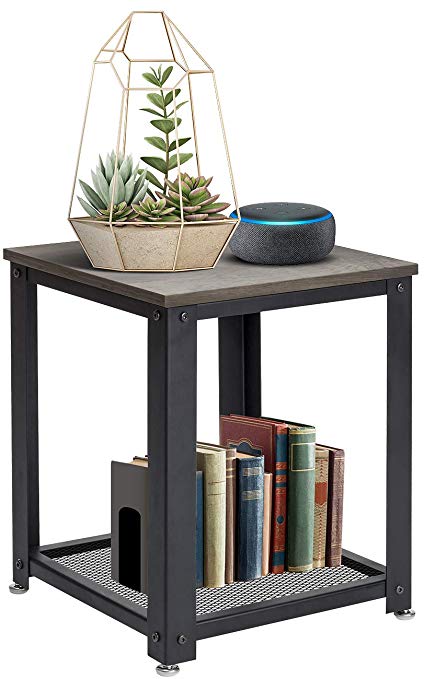 Sorbus 2-Tier Square Side Table, Industrial End Tables for Living Room, Small Nightstand Great for Bed, Couch, Sofa, Wood Accent Furniture, Rustic Farmhouse Style, Metal Frame (Rustic Gray)